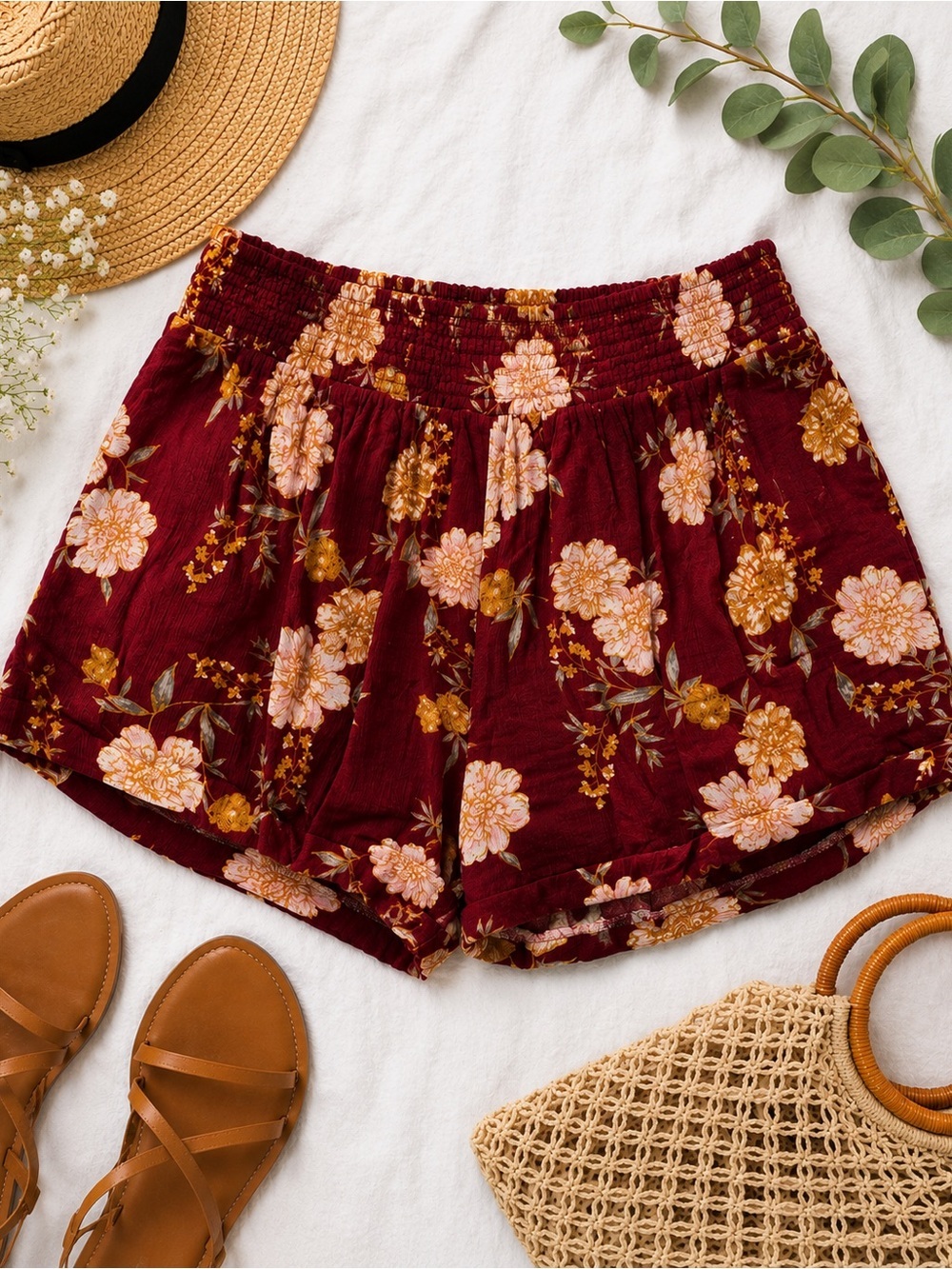 Torrid Floral Pull-On Shorts Size 2 Burgundy Boho Summer Flowy Lined